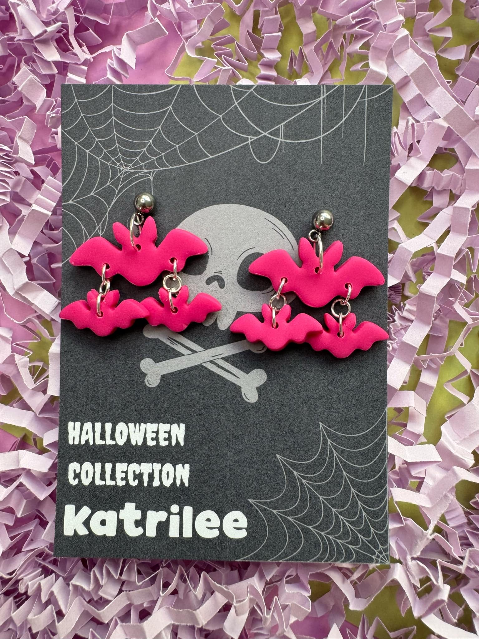Pink Halloween Bat Dangle Earrings