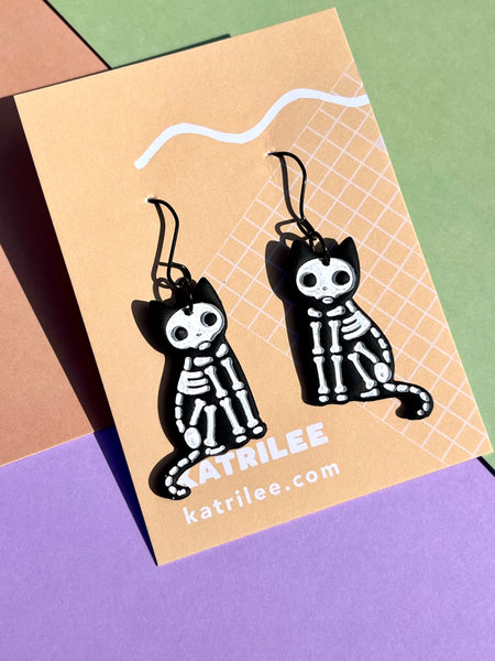 Spooky Halloween Skeleton Cat Dangle Earrings