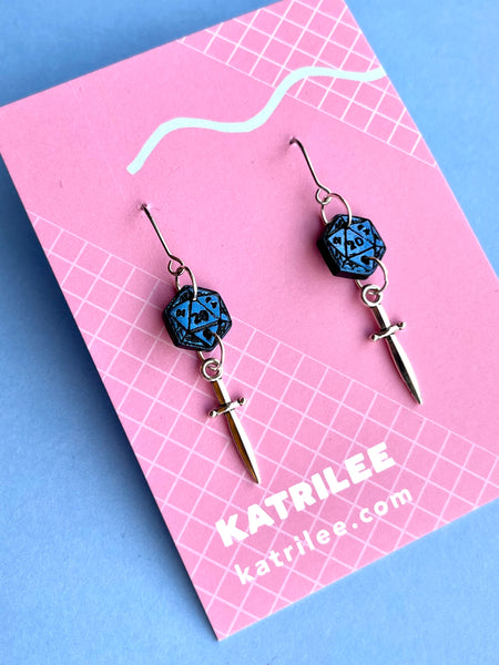 D20 Dice Sword Dangle Earrings, Polymer Clay stainless steel
