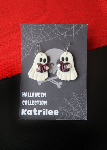 Ghost Holding Magic Book Earrings