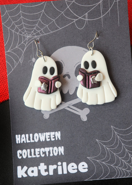 Ghost Holding Magic Book Earrings