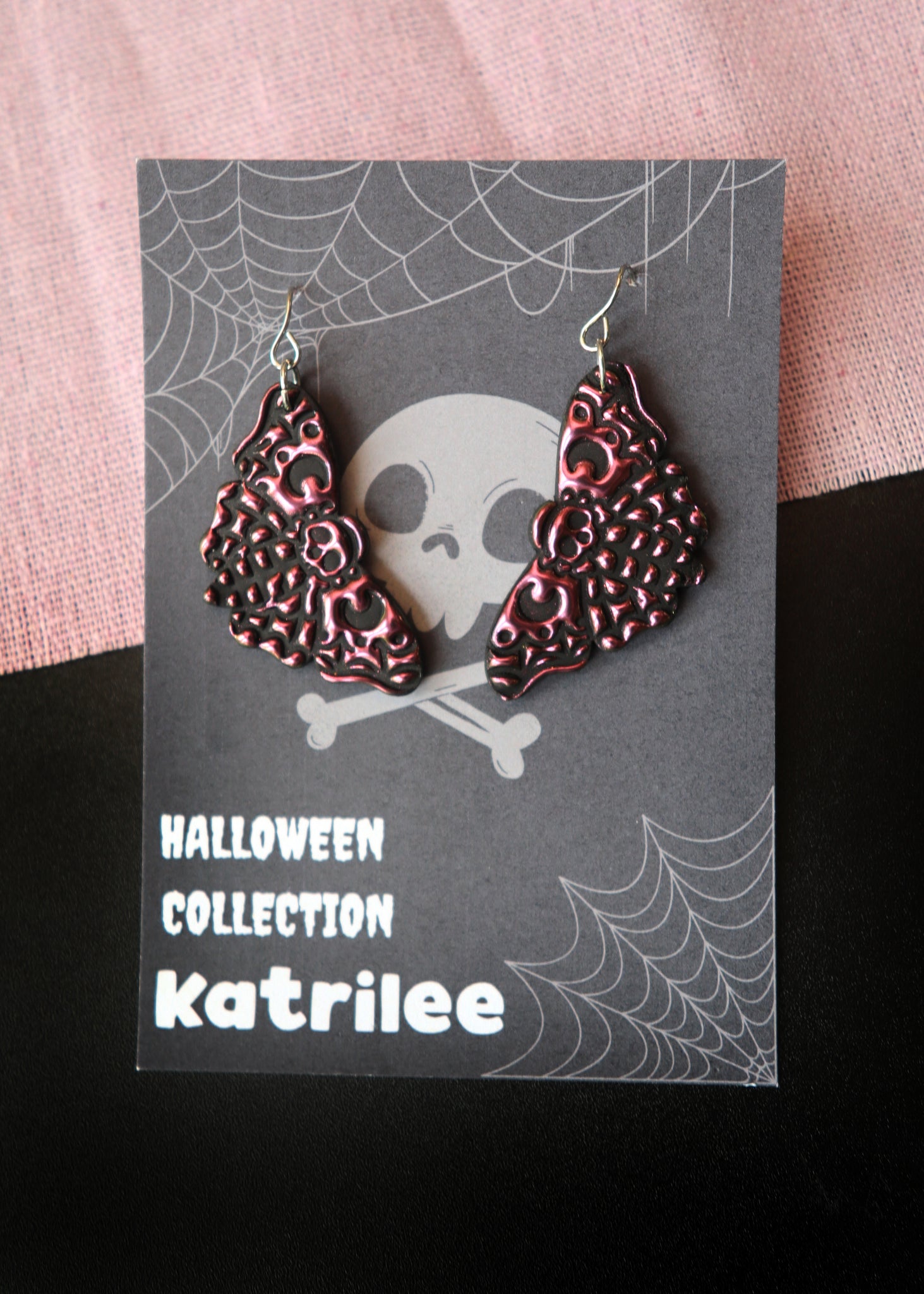Pink and Black Death Hawk Moth Gothic Halloween Earrings