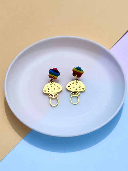 Rainbow Mushroom Polymer Clay Statement Earrings