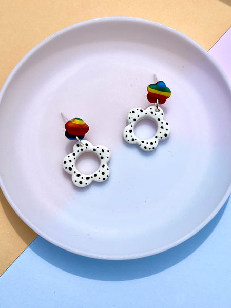 Rainbow Polka Dot Flower Polymer Clay Earring