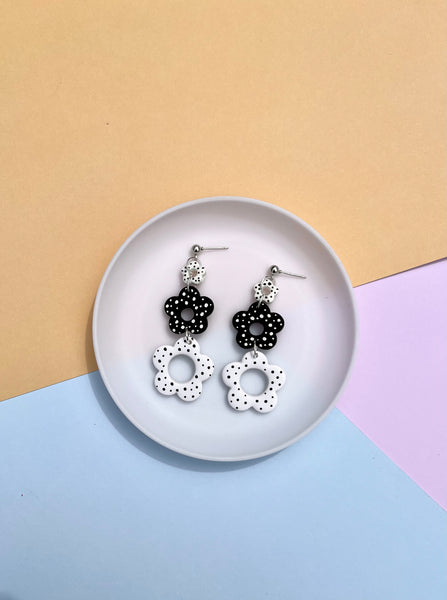 Polka Dot Black and White Flower Polymer Clay Statement Dangle Earrings