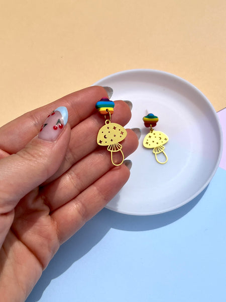 Rainbow Mushroom Polymer Clay Statement Earrings