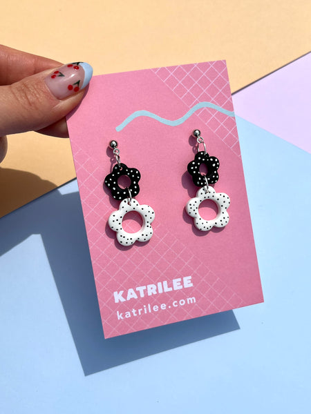 Polka Dot Black and White Flower Polymer Clay Statement Dangle Earrings