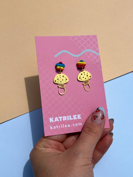 Rainbow Mushroom Polymer Clay Statement Earrings
