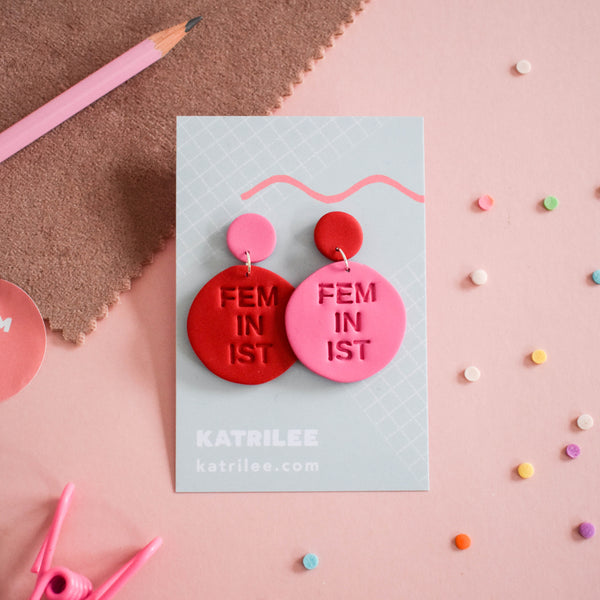 The Feminlee Feminist Dangle Earrings - Red/Pink - Katrilee