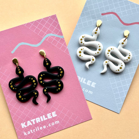 Black and White Gold Snake Dangle Earrings