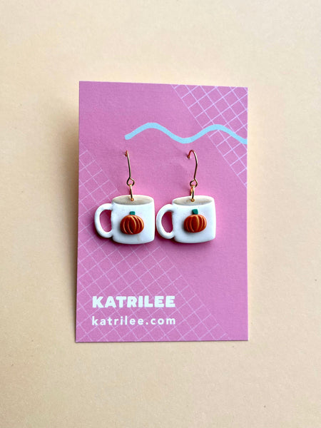 Autumn Pumpkin Mug gold Polymer Clay Hook Dangle Earrings