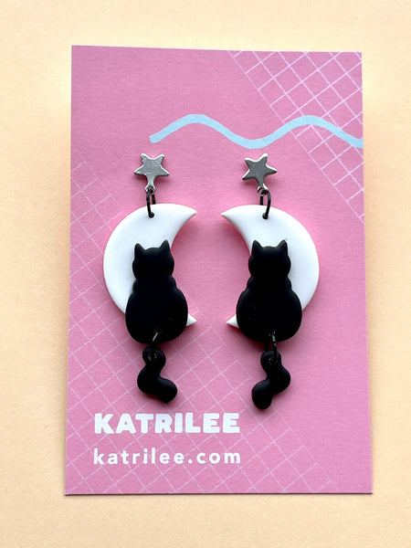 Cat and Moon Halloween Dangle Earrings