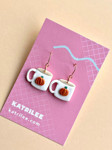 Autumn Pumpkin Mug gold Polymer Clay Hook Dangle Earrings