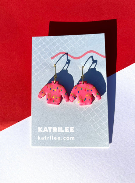 Pink Christmas Lights Jumper Statement Earrings