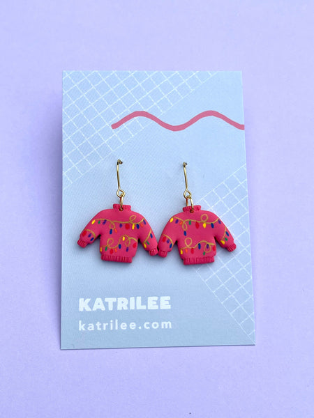 Pink Christmas Lights Jumper Statement Earrings