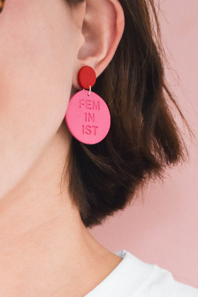 The Feminlee Feminist Dangle Earrings - Red/Pink - Katrilee