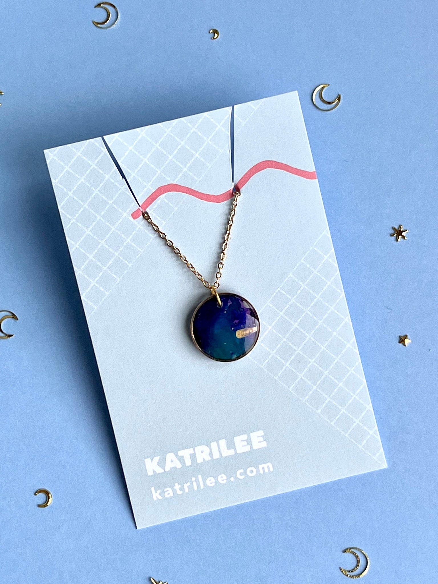 Night Sky Circle Polymer Clay Gold Plated Pendant Necklace
