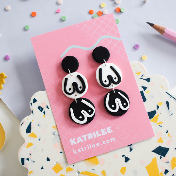 The Mammarlee Boob Large Dangle Earrings - Black and White - Katrilee